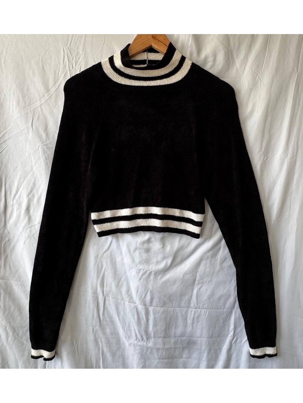 Urban Outfitters Sweater M Black White Stripe Cropped Varsity Mock Neck